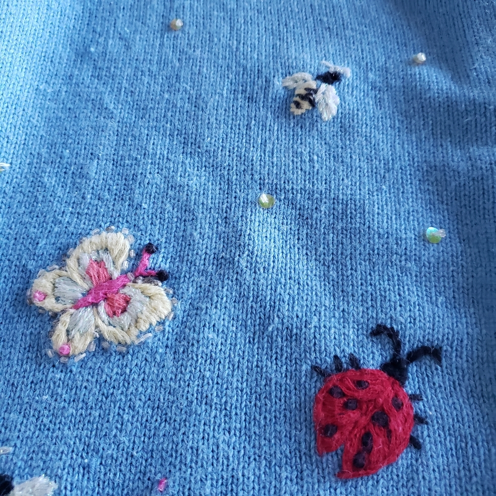 Heirloom Collectibles Vintage Blue Embroidered Sweater Size XL Ladybug Butterfly - Picture 7 of 7